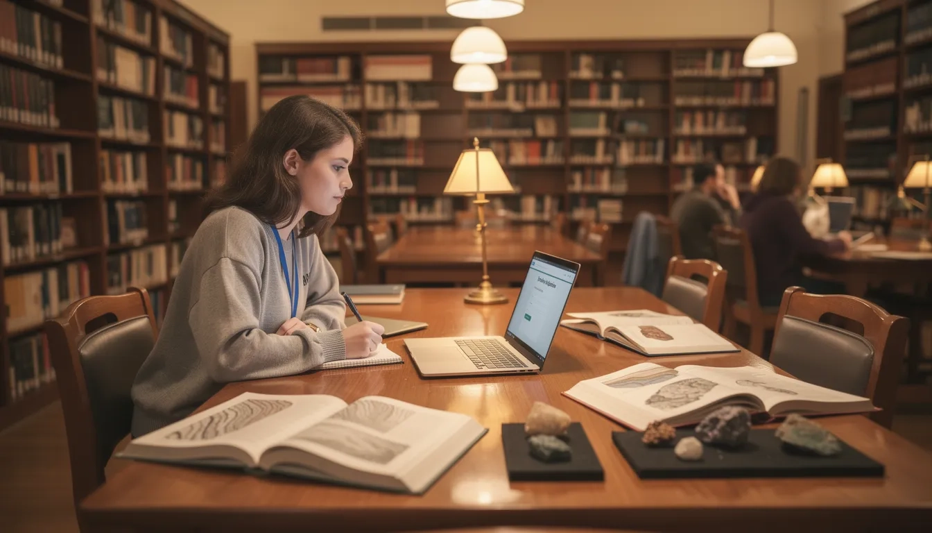 Geology student researching scholarship opportunities at a university library