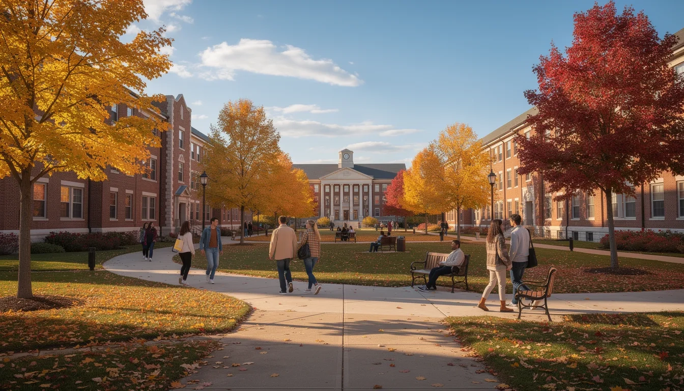 Minnesota college campus in fall with students walking between buildings