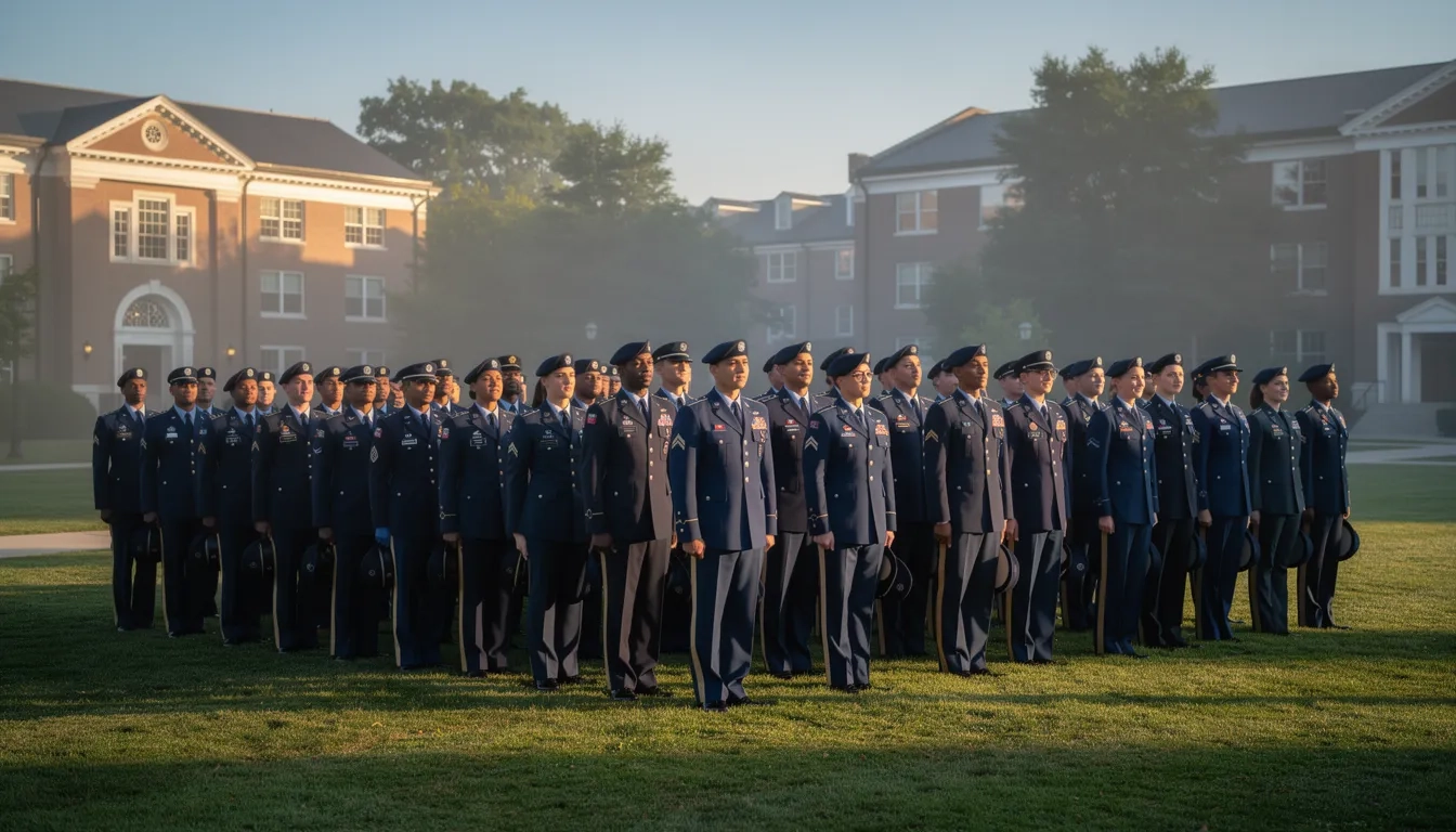 ROTC cadets in formation on a college campus
