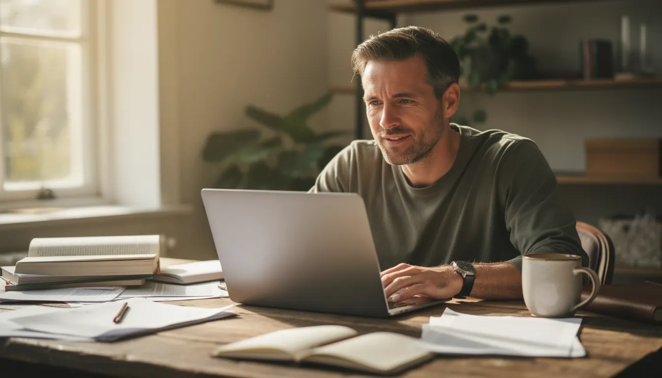 Adult student over 30 studying at a desk with laptop and notes