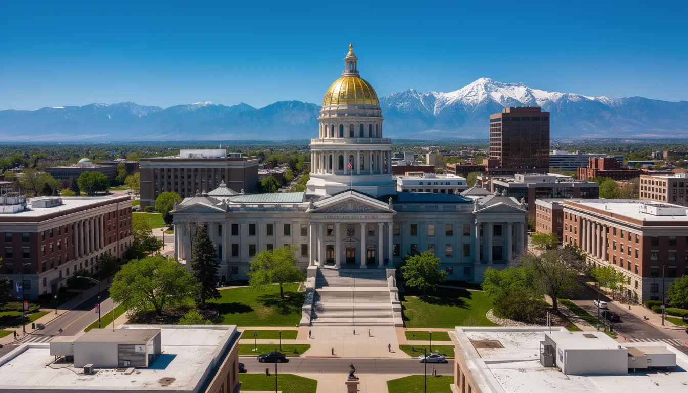 Colorado State Capitol building with Rocky Mountains in the background