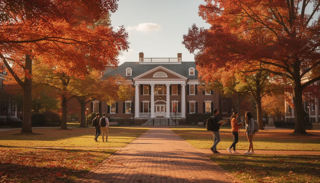 Connecticut university campus in autumn with brick buildings and maple trees