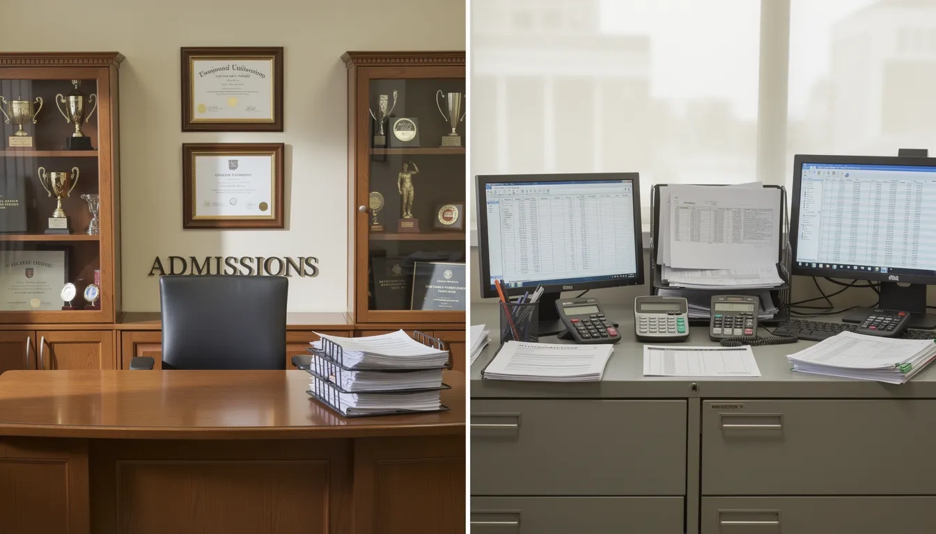 Two different college offices representing merit scholarships and need-based financial aid