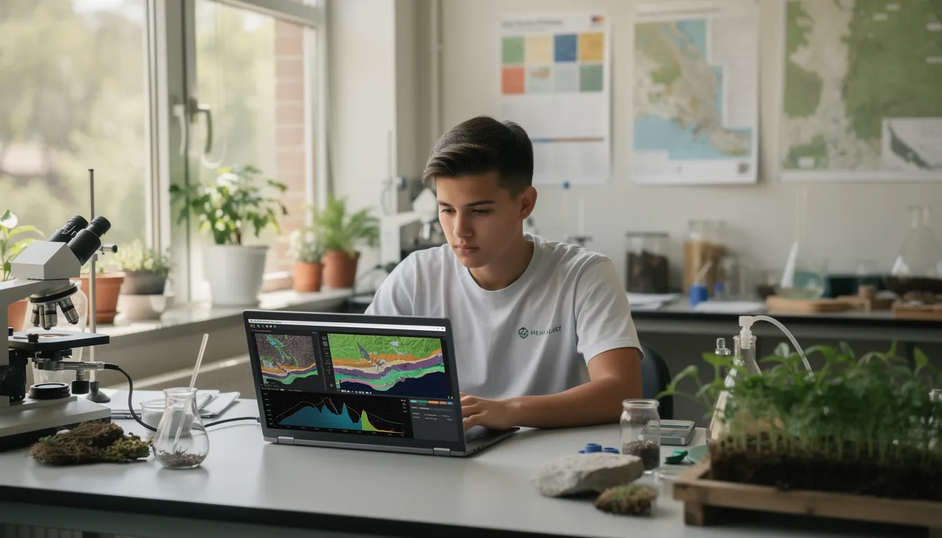 Environmental science major analyzing GIS data in a lab